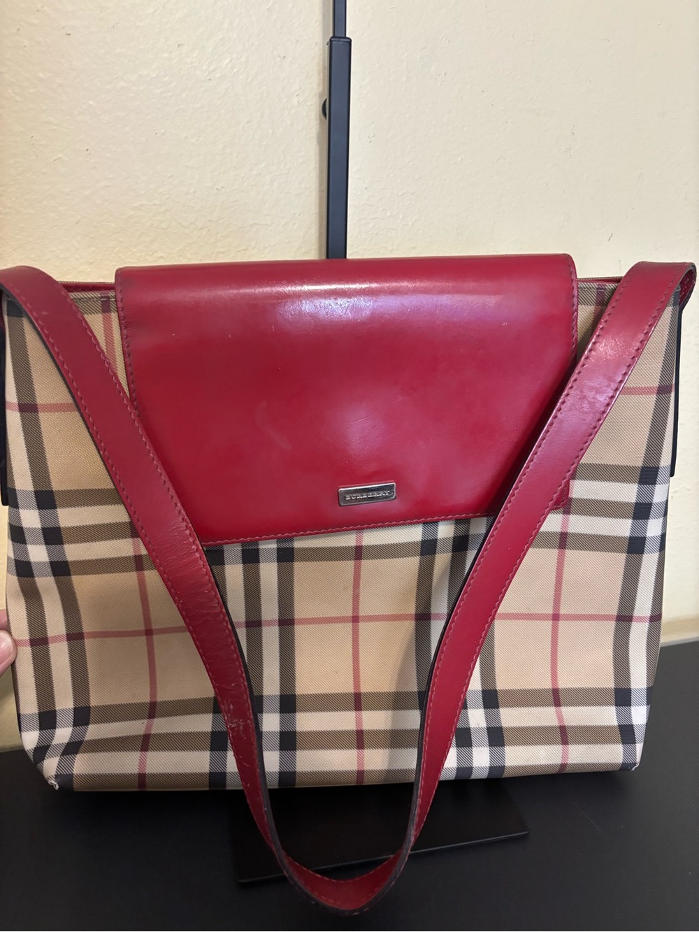 Vintage Burberry Red Leather Trim Nova Check Shoulder Bag